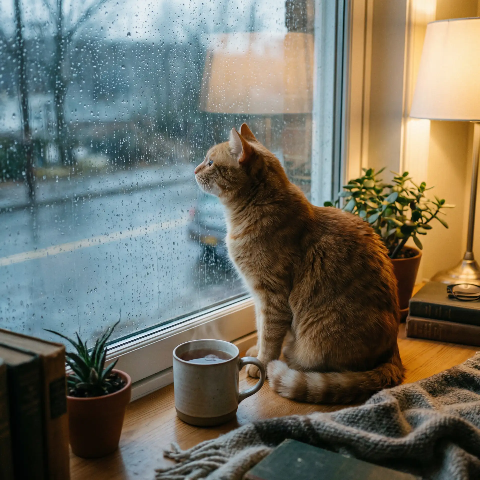猫咪望着窗外的雨 - 大势的百合
